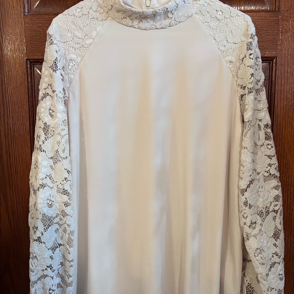 Susan Graver Cream Lace-Sleeve Mock Neck Top - Picture 2 of 7